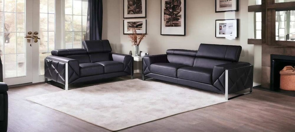 Two Piece Indoor Black Italian Leather Five Person Seating Set - Homeroots - Flyclothing LLC