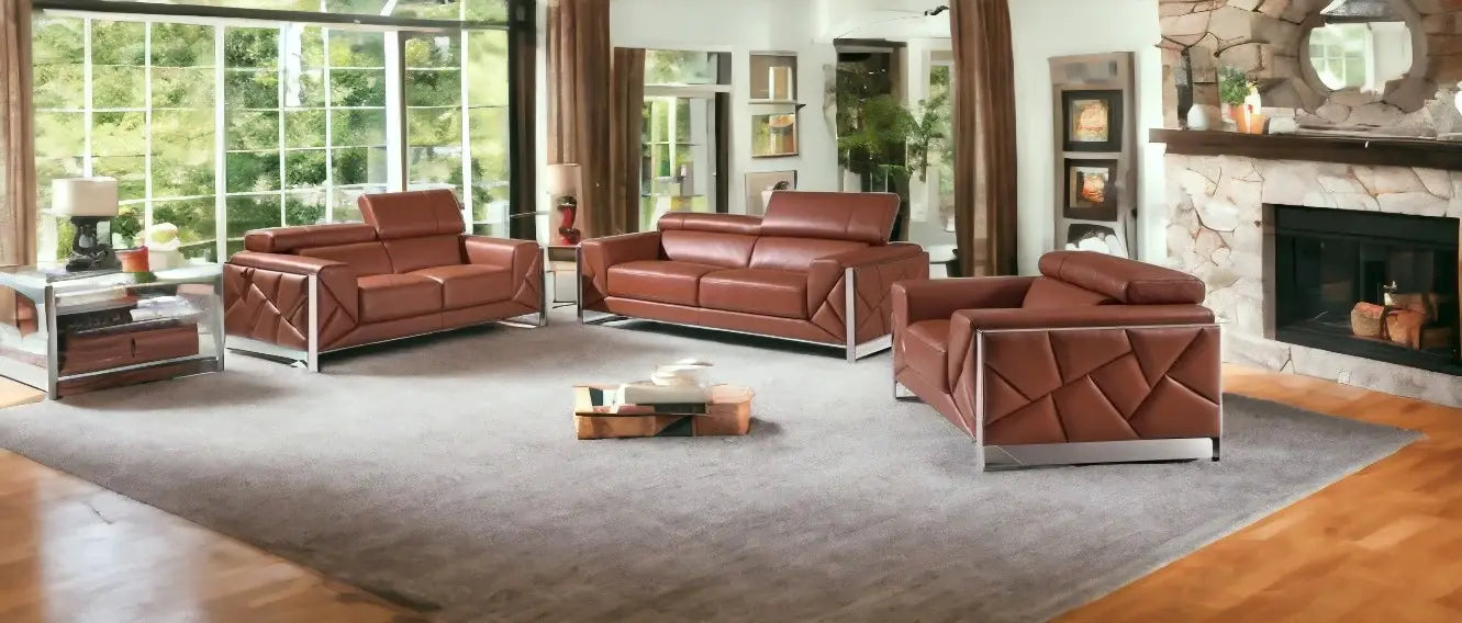 Three Piece Indoor Camel Italian Leather Six Person Seating Set - Homeroots - Flyclothing LLC