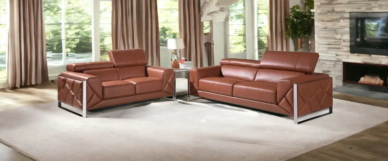 Two Piece Indoor Camel Italian Leather Five Person Seating Set - Homeroots - Flyclothing LLC