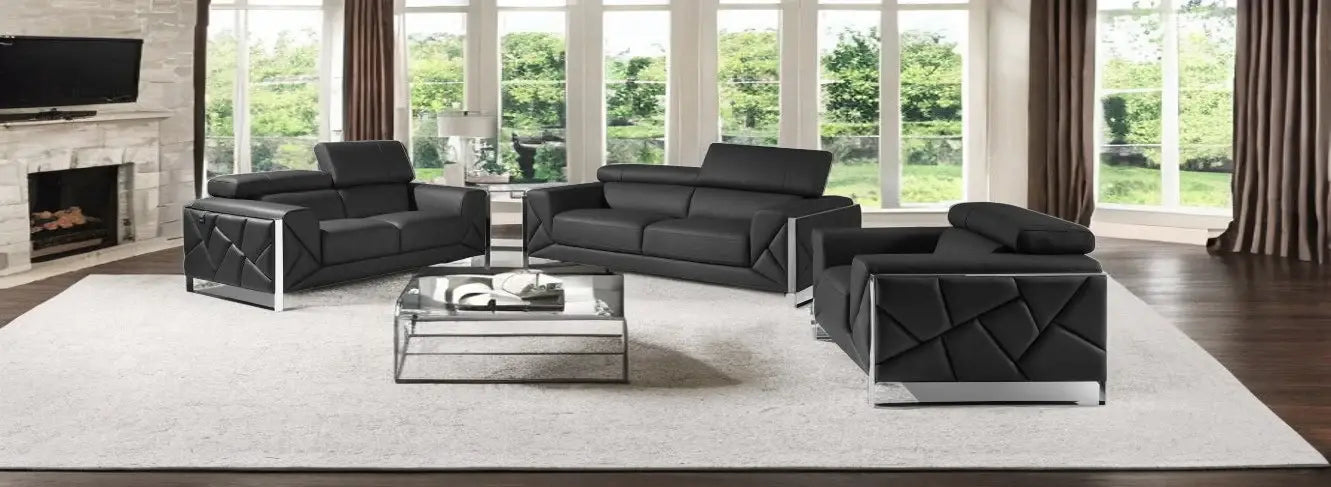 Three Piece Indoor Dark Gray Italian Leather Six Person Seating Set - Homeroots - Flyclothing LLC
