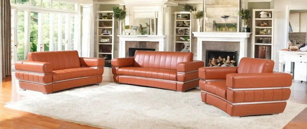 Three Piece Indoor Camel Italian Leather Six Person Seating Set - Homeroots - Flyclothing LLC