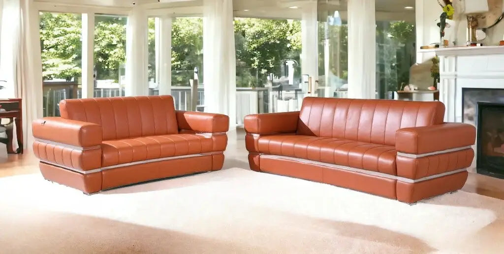 Two Piece Indoor Camel Italian Leather Five Person Seating Set - Homeroots - Flyclothing LLC