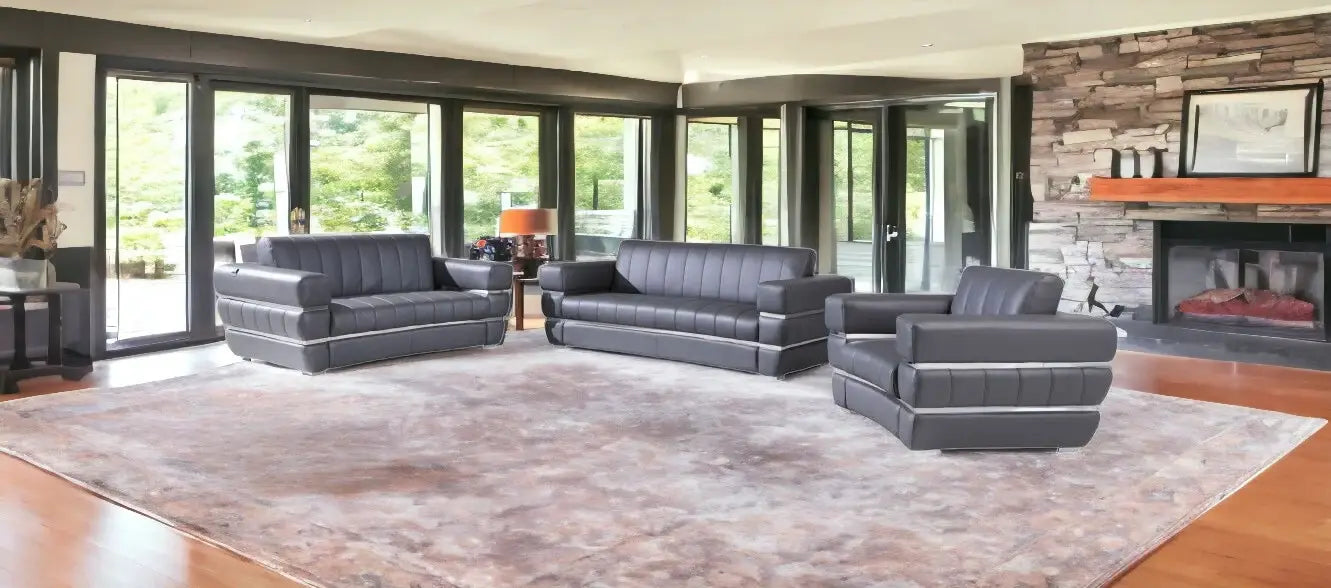 Three Piece Indoor Dark Gray Italian Leather Six Person Seating Set - Homeroots - Flyclothing LLC