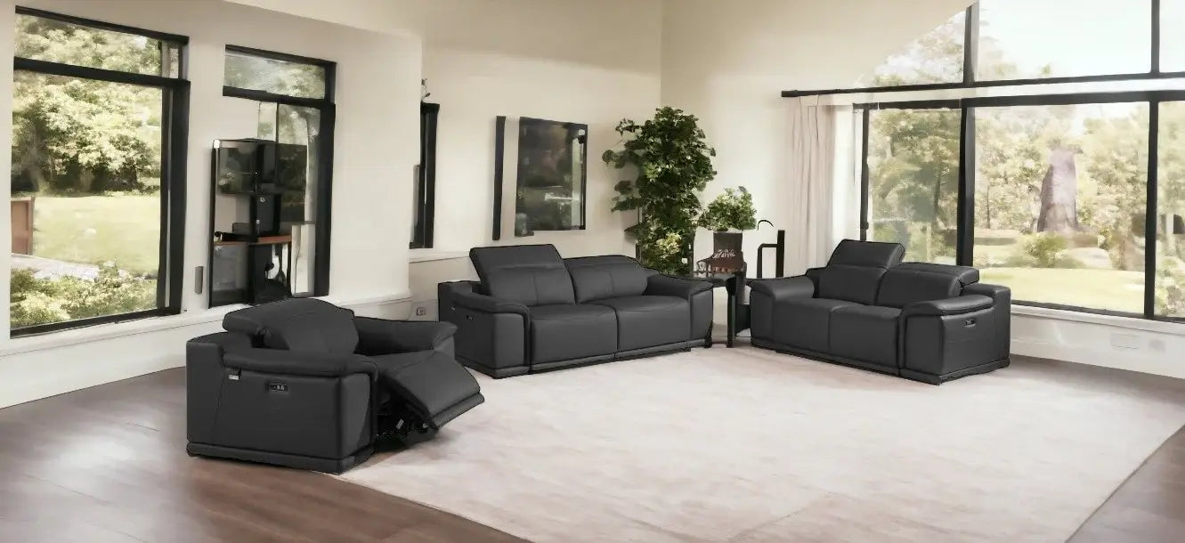 Three Piece Indoor Dark Gray Italian Leather Six Person Seating Set - Homeroots - Flyclothing LLC