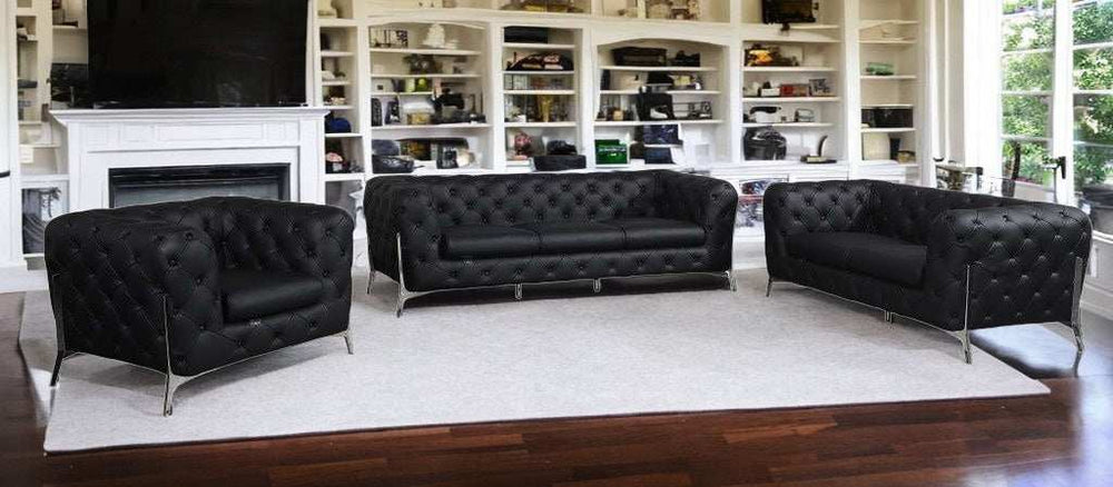 Three Piece Indoor Black Italian Leather Six Person Seating Set - Homeroots - Flyclothing LLC