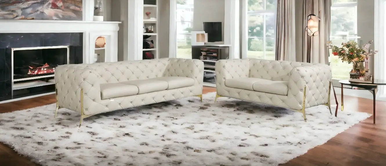 Two Piece Indoor Beige Italian Leather Five Person Seating Set - Homeroots - Flyclothing LLC