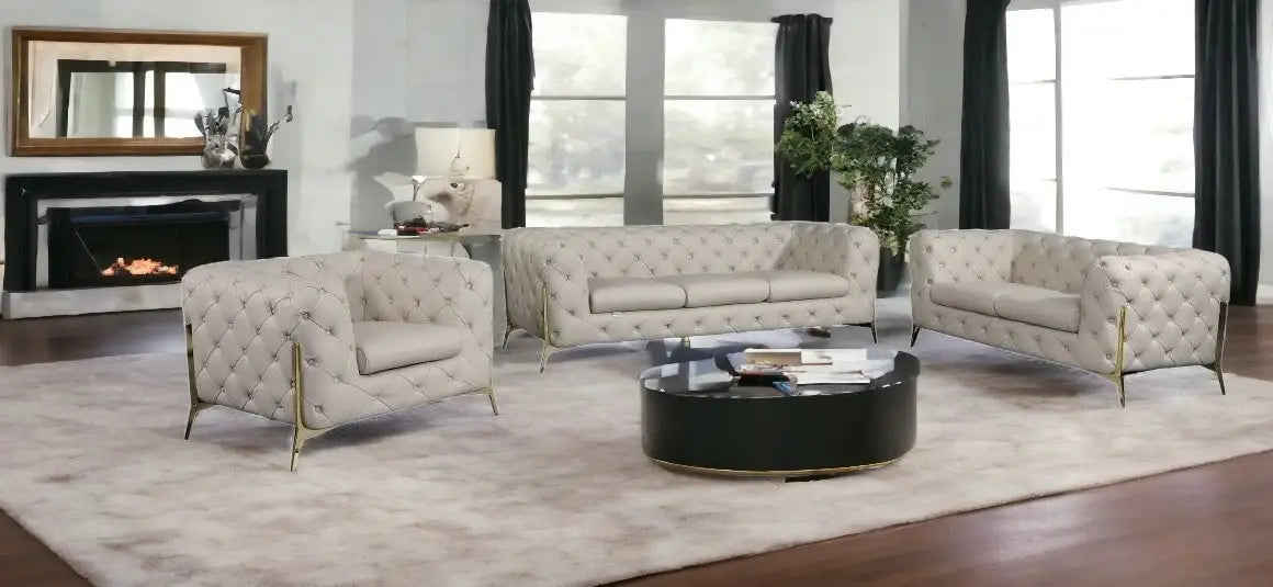 Three Piece Indoor Beige Italian Leather Six Person Seating Set - Homeroots - Flyclothing LLC