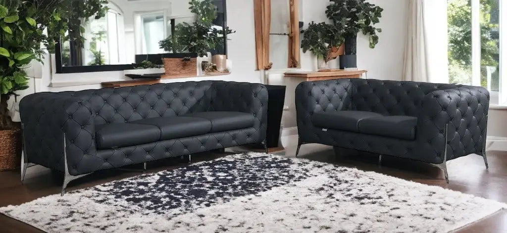 Two Piece Indoor Dark Gray Italian Leather Five Person Seating Set - Homeroots - Flyclothing LLC