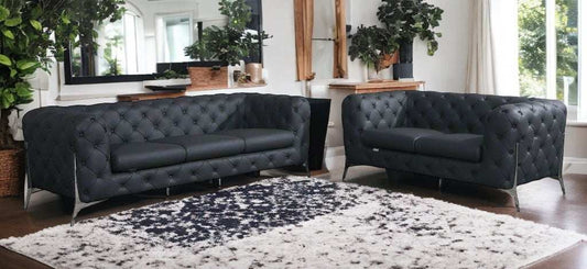 Two Piece Indoor Dark Gray Italian Leather Five Person Seating Set - Homeroots - Flyclothing LLC