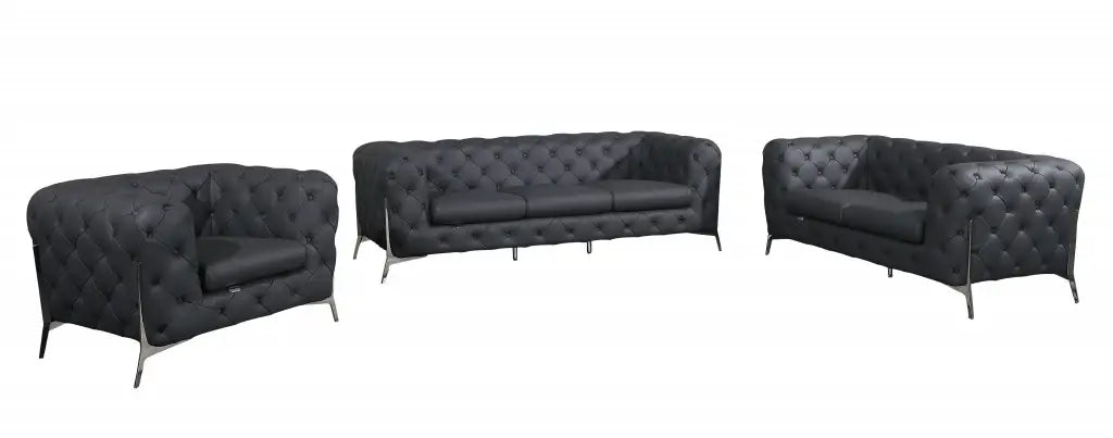 Three Piece Indoor Dark Gray Italian Leather Six Person Seating Set - Homeroots - Flyclothing LLC