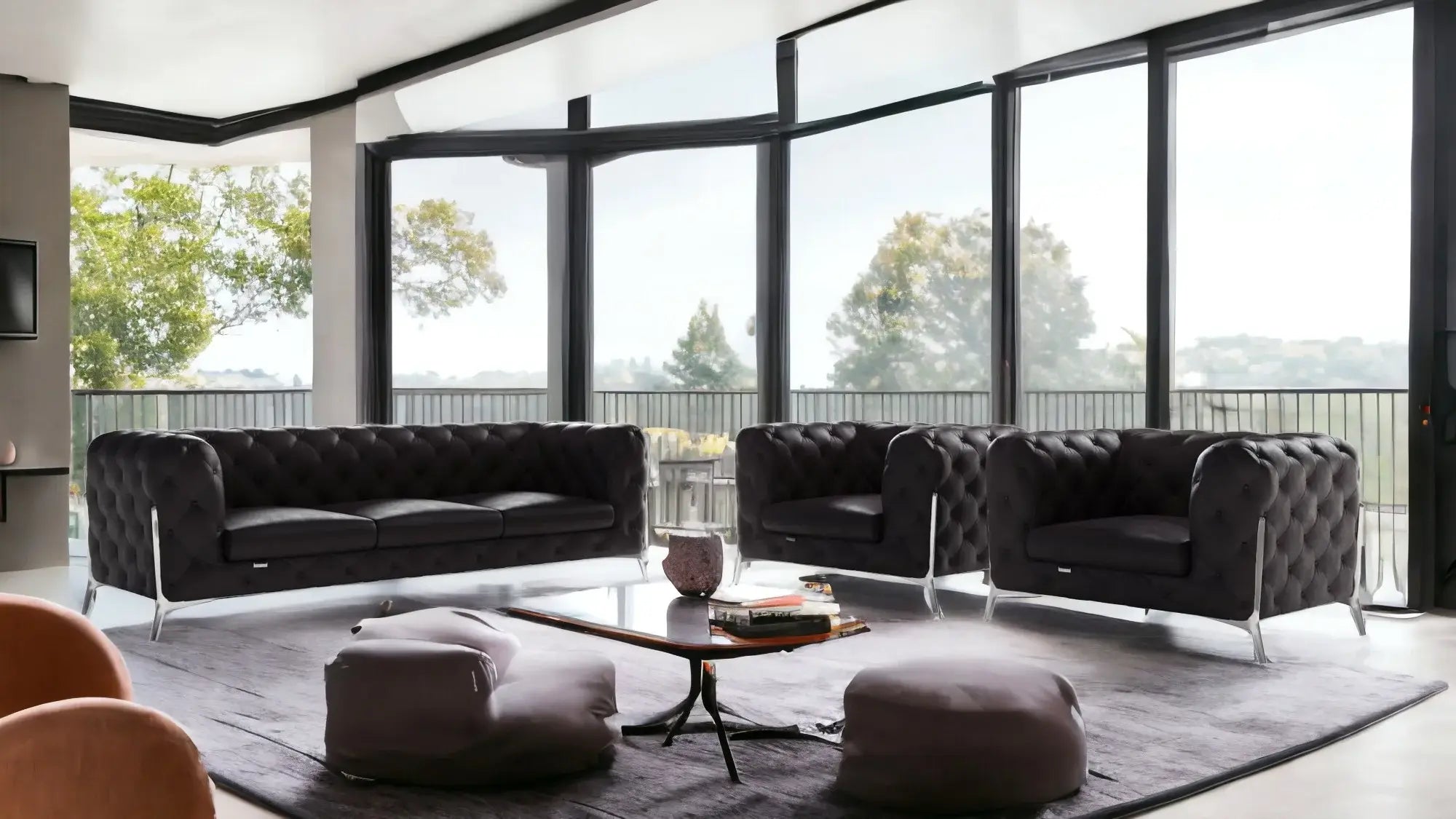 Three Piece Indoor Black Italian Leather Five Person Seating Set - Homeroots - Flyclothing LLC