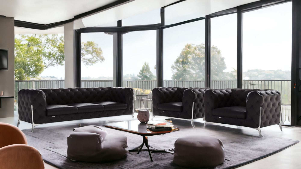 Three Piece Indoor Black Italian Leather Five Person Seating Set - Homeroots - Flyclothing LLC