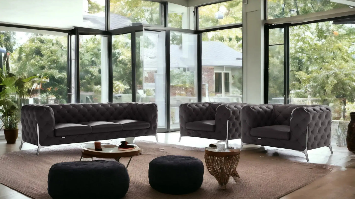 Three Piece Indoor Dark Gray Italian Leather Five Person Seating Set - Homeroots - Flyclothing LLC