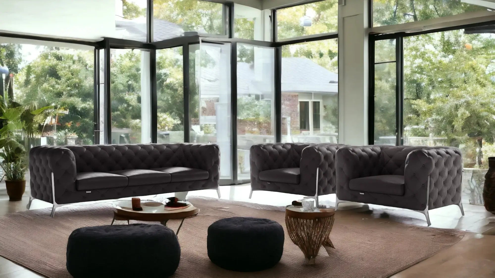 Three Piece Indoor Dark Gray Italian Leather Five Person Seating Set - Homeroots - Flyclothing LLC