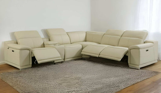 Beige Italian Leather Power Reclining U Shaped Six Piece Corner Sectional With Console - Homeroots - Flyclothing LLC