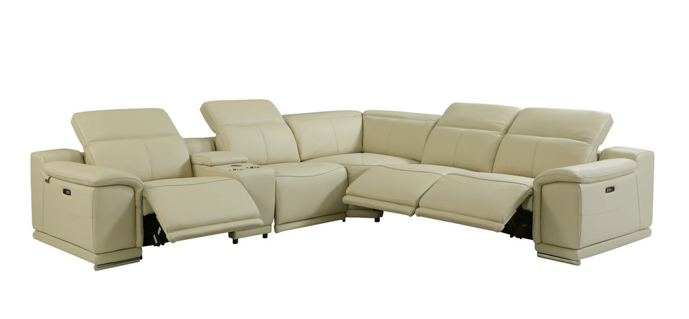 Beige Italian Leather Power Reclining U Shaped Six Piece Corner Sectional With Console - Homeroots