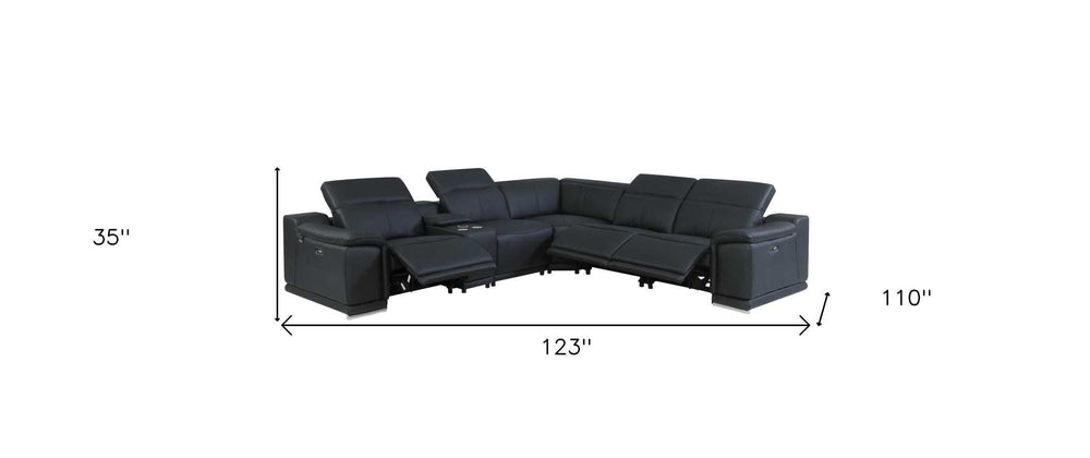Black Italian Leather Power Reclining U Shaped Six Piece Corner Sectional With Console - Homeroots - Flyclothing LLC