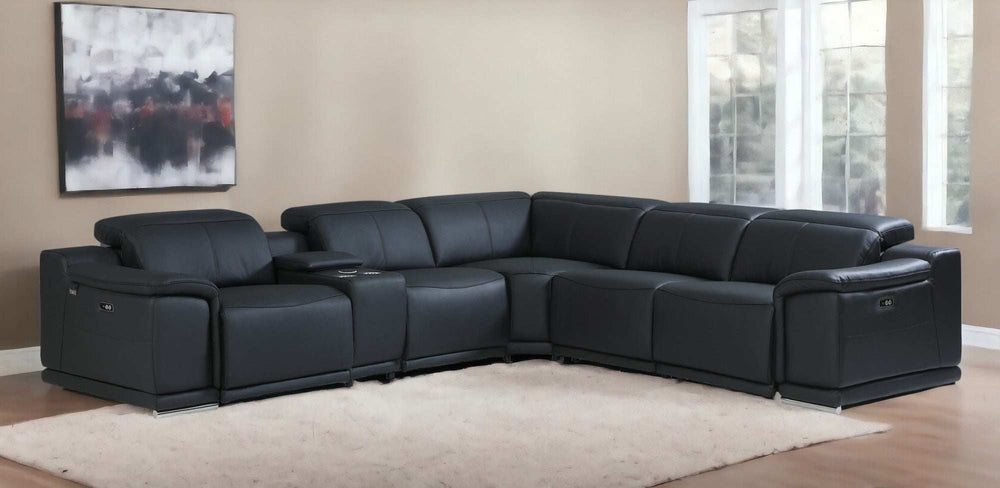Black Italian Leather Power Reclining U Shaped Six Piece Corner Sectional With Console - Homeroots - Flyclothing LLC