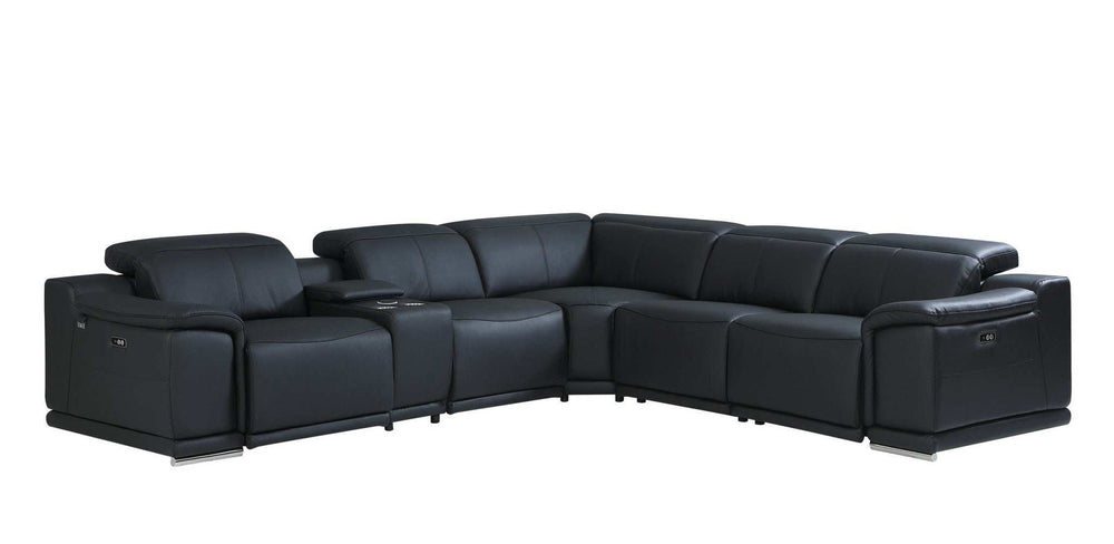 Black Italian Leather Power Reclining U Shaped Six Piece Corner Sectional With Console - Homeroots - Flyclothing LLC