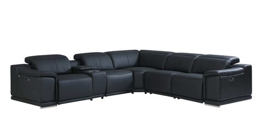 Black Italian Leather Power Reclining U Shaped Six Piece Corner Sectional With Console - Homeroots - Flyclothing LLC