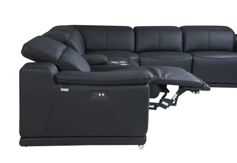 Black Italian Leather Power Reclining U Shaped Six Piece Corner Sectional With Console - Homeroots - Flyclothing LLC