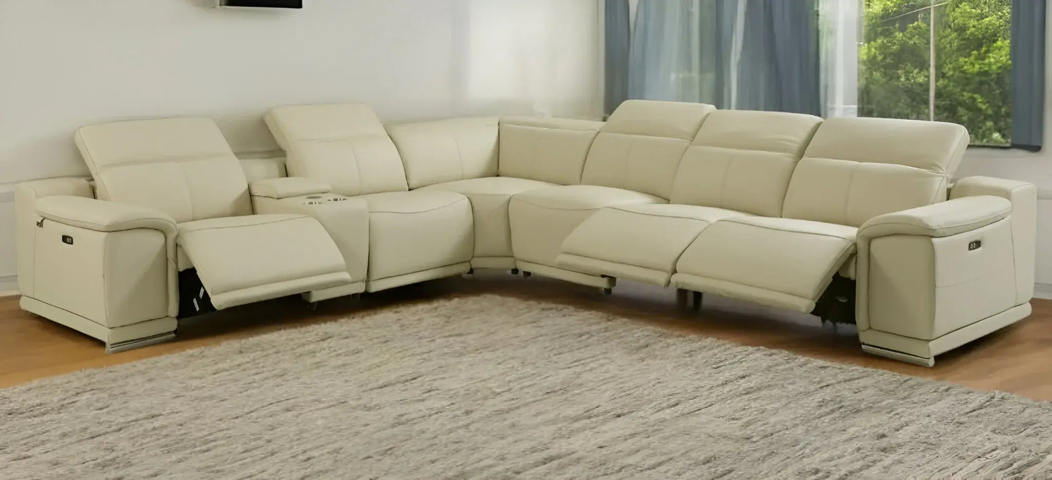Beige Italian Leather Power Reclining U Shaped Seven Piece Corner Sectional With Console - Homeroots - Flyclothing LLC