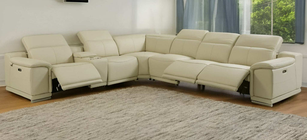 Beige Italian Leather Power Reclining U Shaped Seven Piece Corner Sectional With Console - Homeroots - Flyclothing LLC