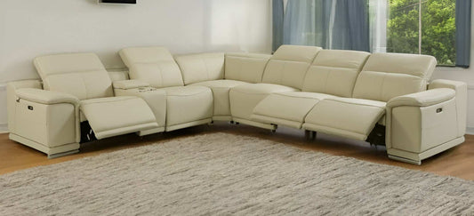 Beige Italian Leather Power Reclining U Shaped Seven Piece Corner Sectional With Console - Homeroots - Flyclothing LLC