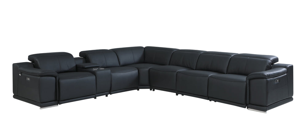Black Italian Leather Power Reclining U Shaped Seven Piece Corner Sectional With Console - Homeroots