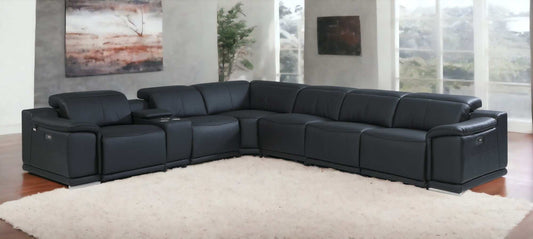 Black Italian Leather Power Reclining U Shaped Seven Piece Corner Sectional With Console - Homeroots - Flyclothing LLC