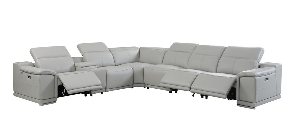 Light Gray Italian Leather Power Reclining U Shaped Seven Piece Corner Sectional With Console - Homeroots