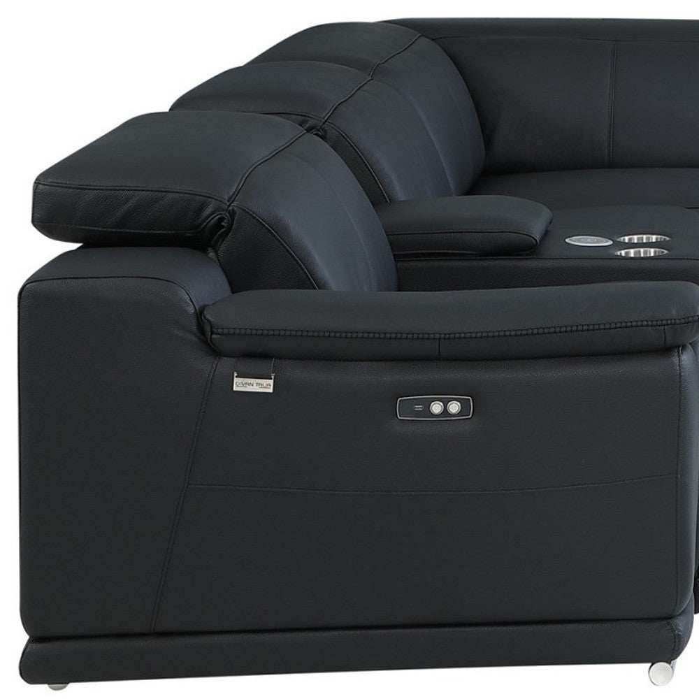 Black Italian Leather Power Reclining U Shaped Seven Piece Corner Sectional With Console - Homeroots - Flyclothing LLC