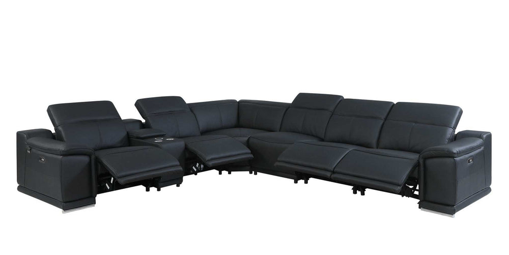 Black Italian Leather Power Reclining U Shaped Seven Piece Corner Sectional With Console - Homeroots - Flyclothing LLC
