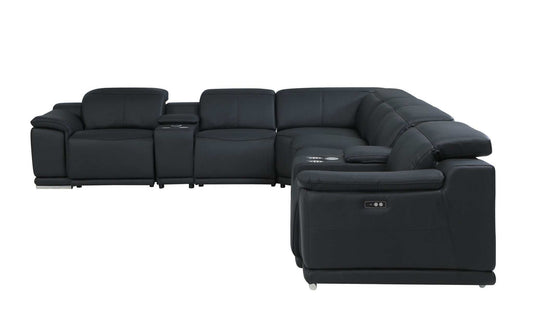 Black Italian Leather Power Reclining U Shaped Eight Piece Corner Sectional With Console - Homeroots - Flyclothing LLC