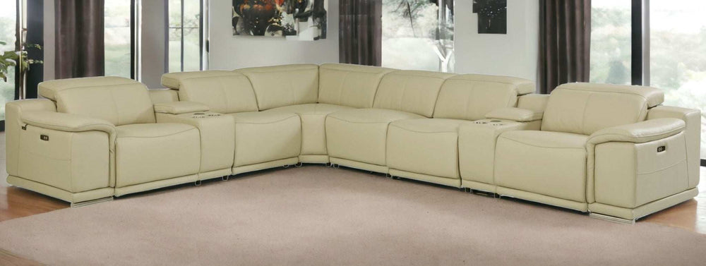 Beige Italian Leather Power Reclining U Shaped Eight Piece Corner Sectional With Console - Homeroots - Flyclothing LLC