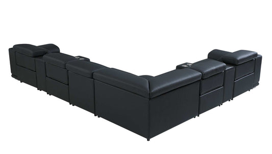 Black Italian Leather Power Reclining U Shaped Eight Piece Corner Sectional With Console - Homeroots - Flyclothing LLC