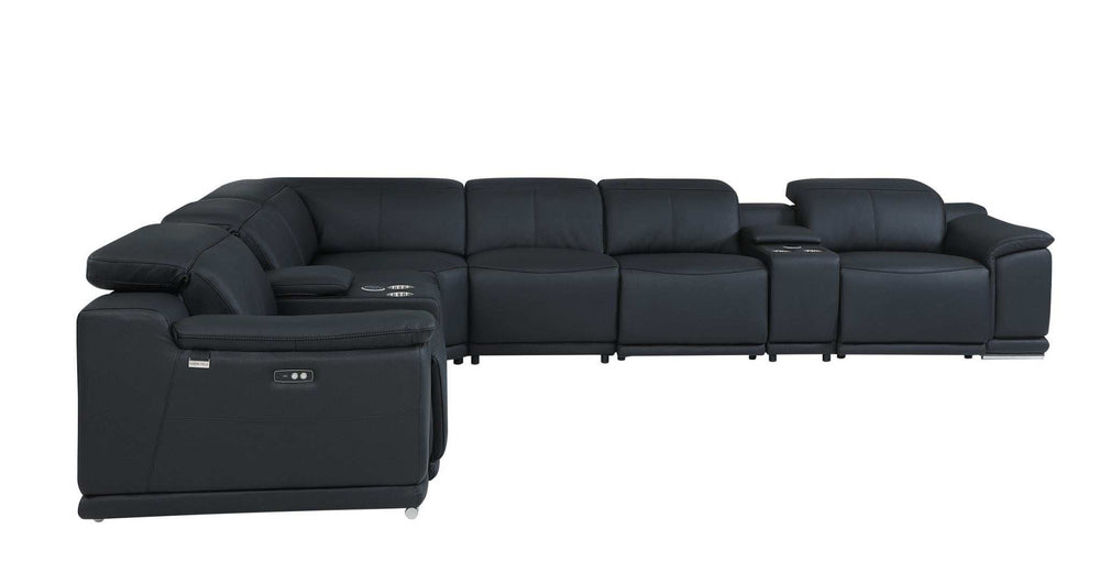 Black Italian Leather Power Reclining U Shaped Eight Piece Corner Sectional With Console - Homeroots - Flyclothing LLC