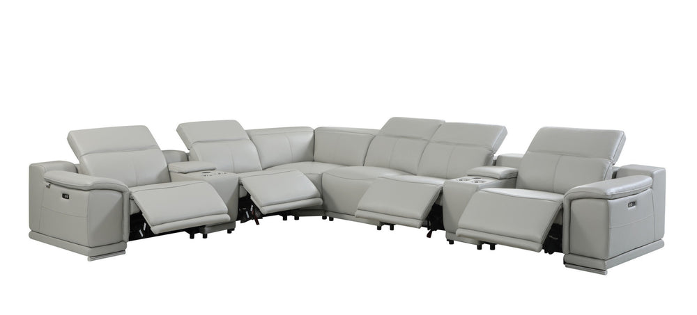 Light Gray Italian Leather Power Reclining U Shaped Eight Piece Corner Sectional With Console - Homeroots