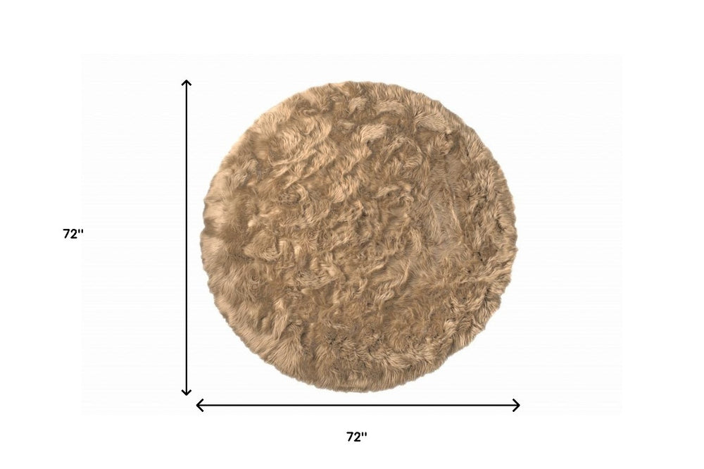 6' X 6' Tan Round Faux Fur Washable Non Skid Area Rug - Homeroots