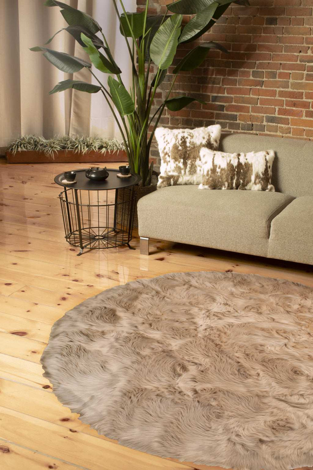 6' X 6' Taupe Round Faux Fur Washable Non Skid Area Rug - Homeroots - Flyclothing LLC
