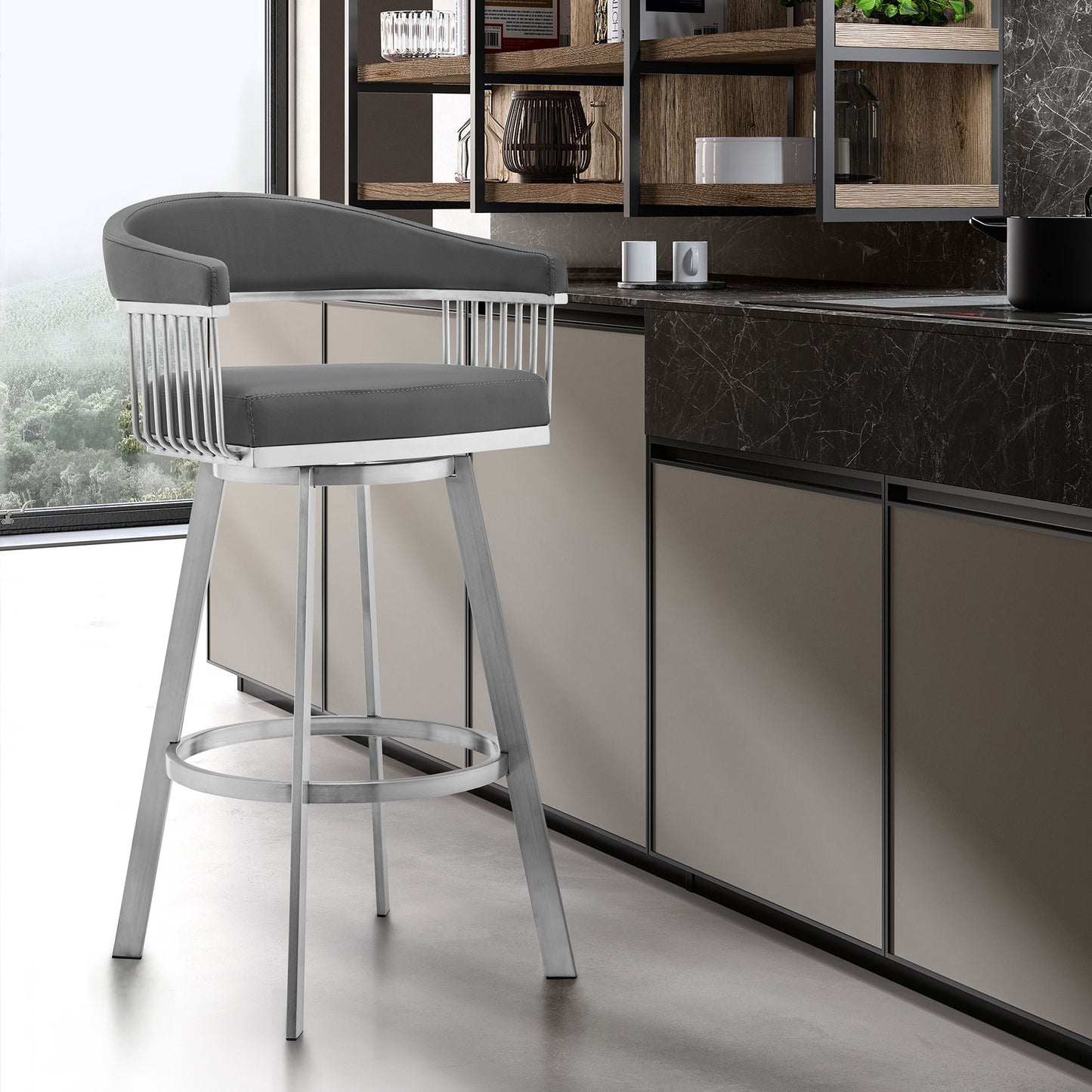 25" Gray And Silver Iron Swivel Backless Counter Height Bar Chair - Homeroots - Flyclothing LLC