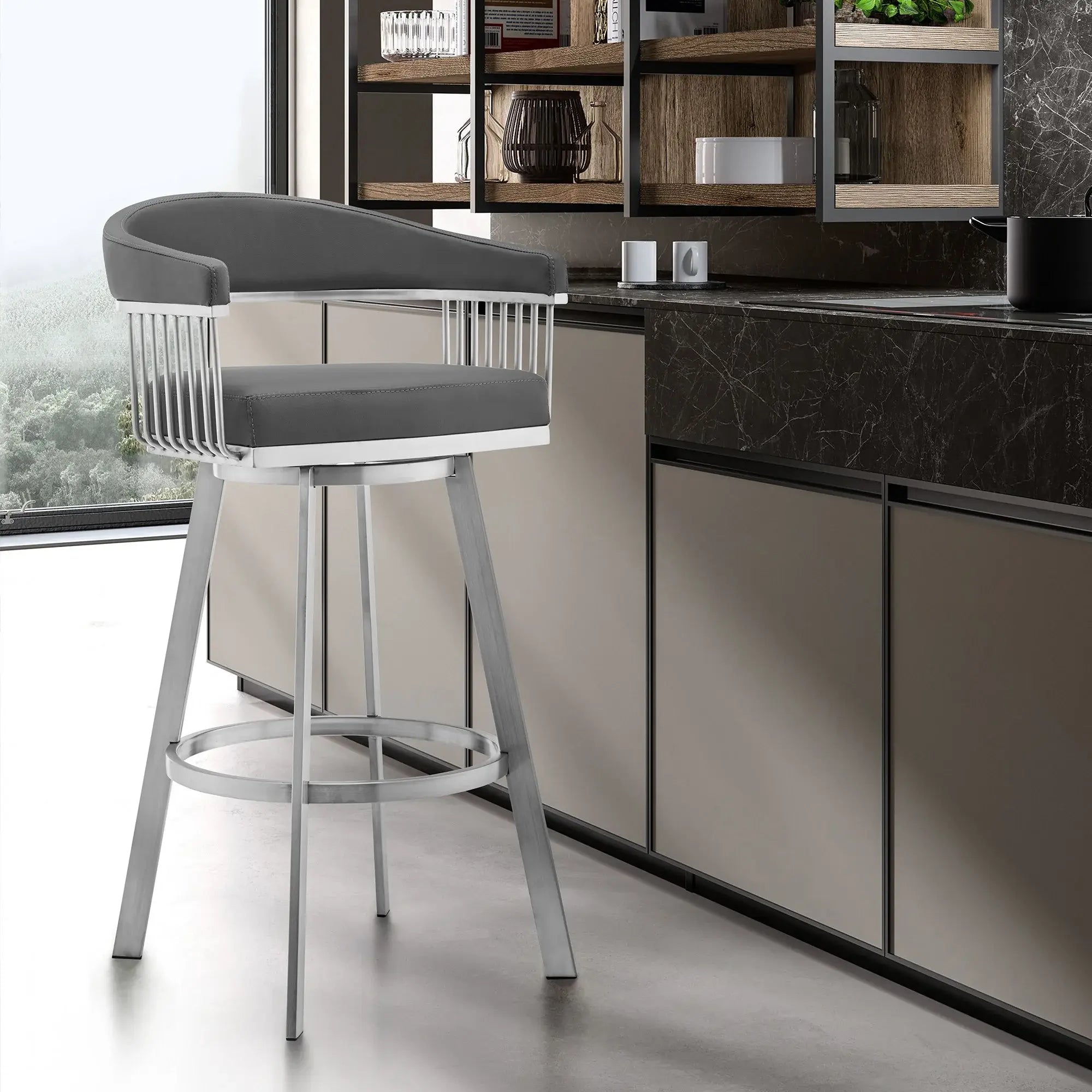 29" Gray And Silver Iron Swivel Backless Bar Height Bar Chair - Homeroots - Flyclothing LLC