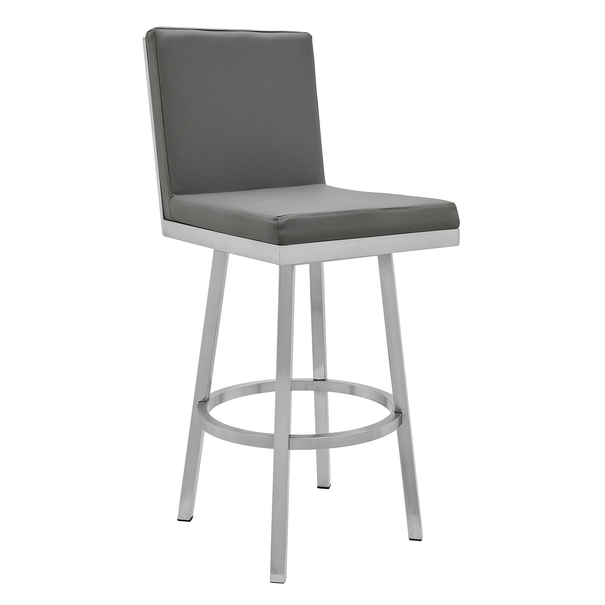 30" Gray And Silver Faux Leather And Iron Swivel Bar Height Bar Chair - Homeroots - Flyclothing LLC