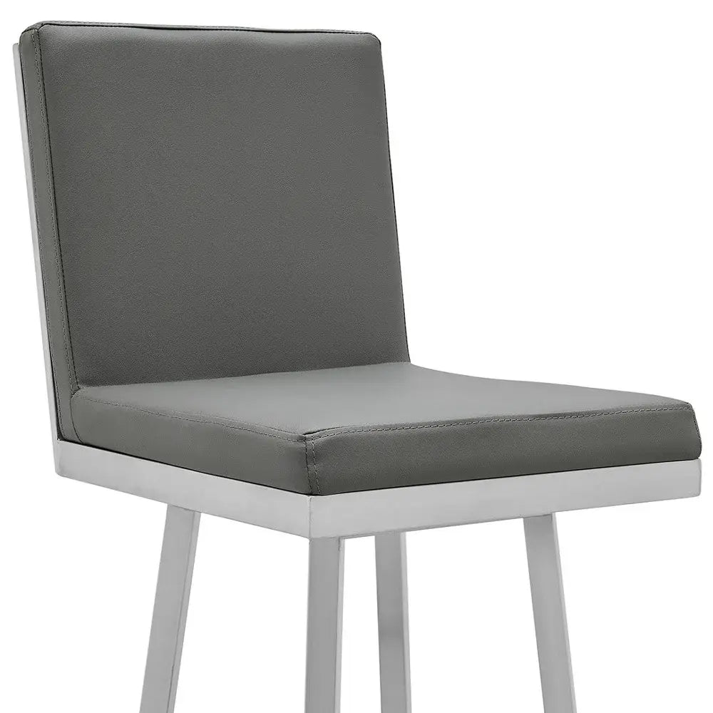 30" Gray And Silver Faux Leather And Iron Swivel Bar Height Bar Chair - Homeroots - Flyclothing LLC