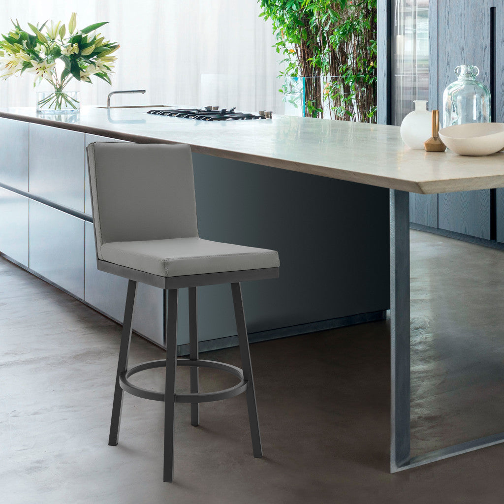 30" Gray And Black Faux Leather And Iron Swivel Bar Height Bar Chair - Homeroots - Flyclothing LLC
