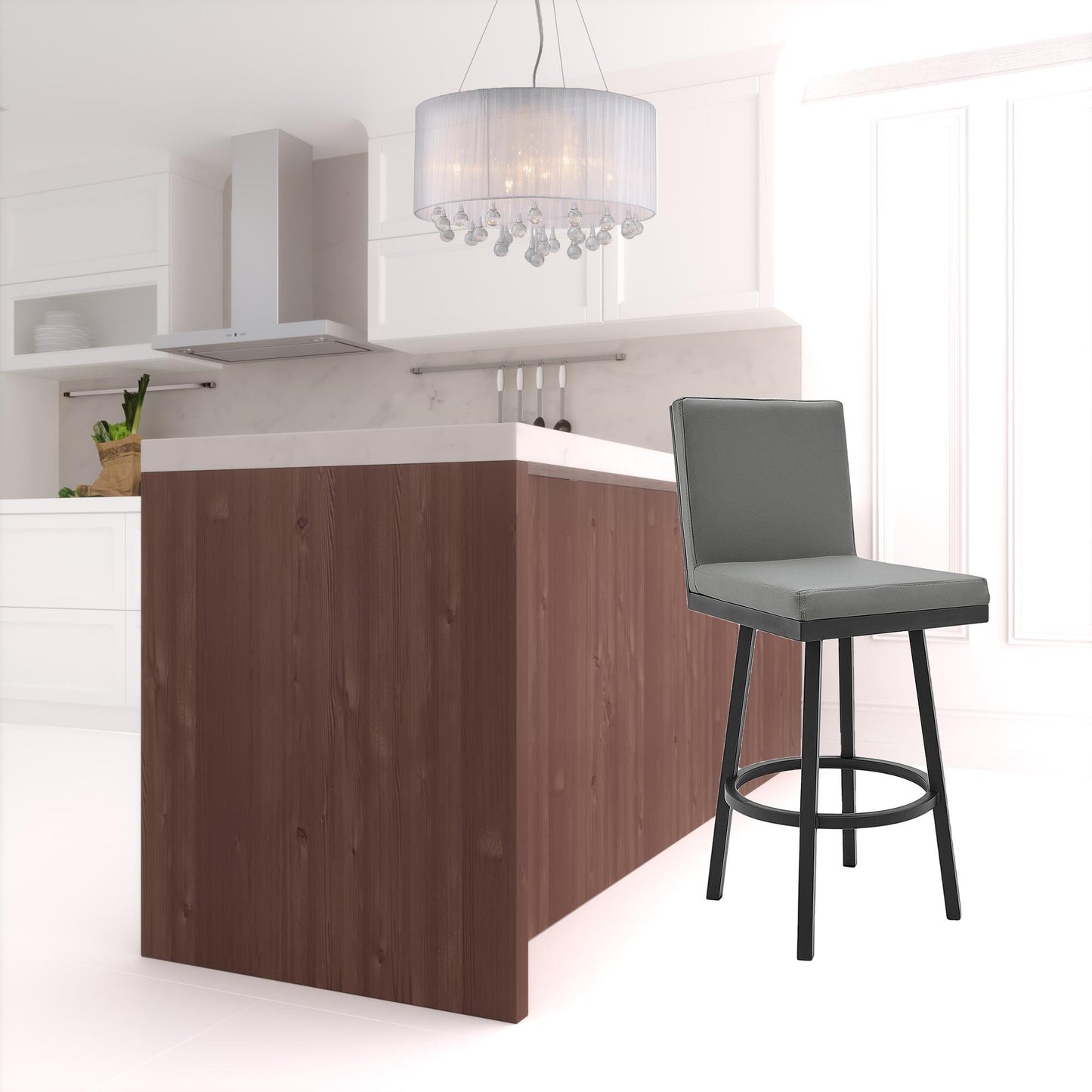 30" Gray And Black Faux Leather And Iron Swivel Bar Height Bar Chair - Homeroots - Flyclothing LLC