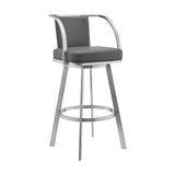 30" Gray And Silver Faux Leather And Iron Swivel Bar Height Bar Chair - Homeroots