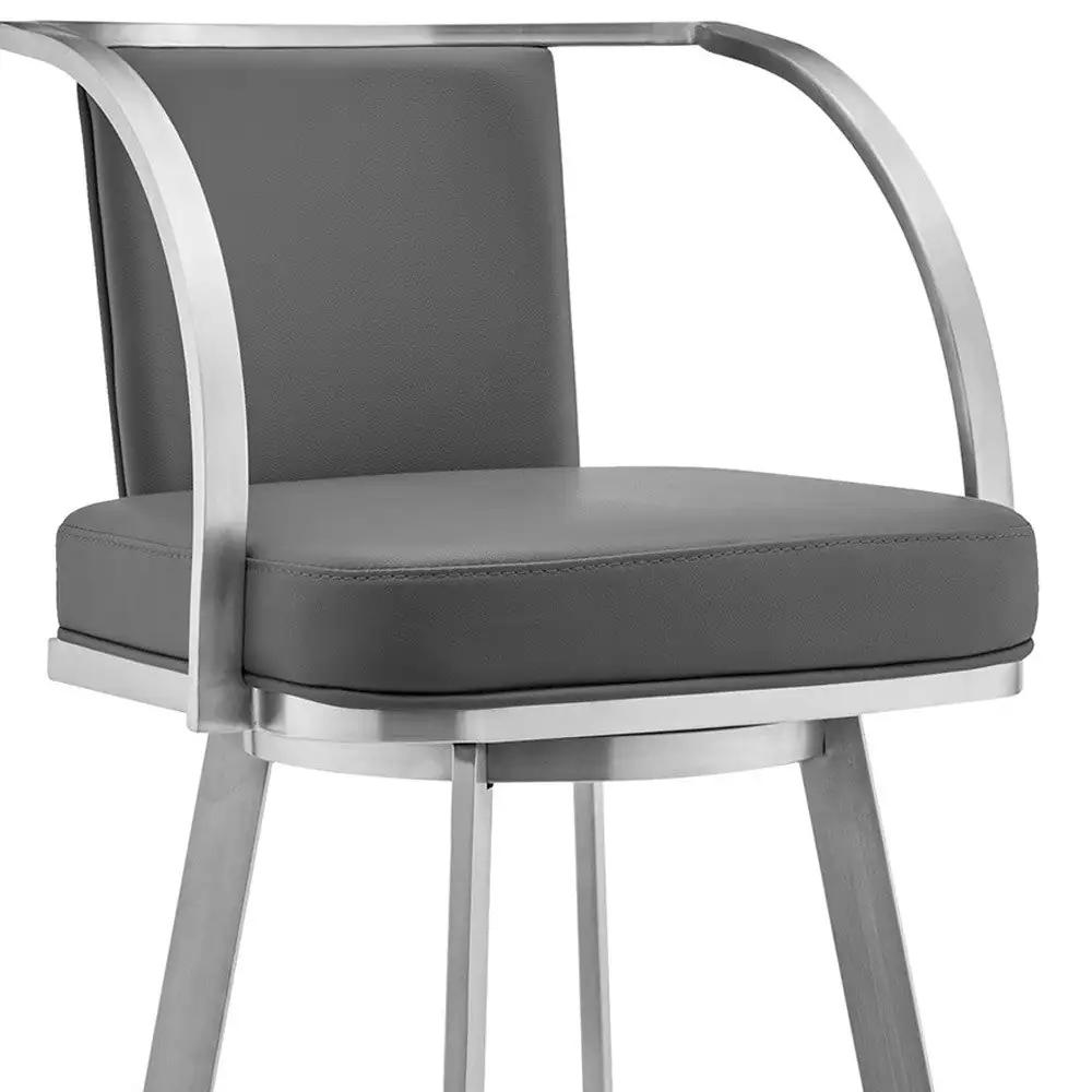 30" Gray And Silver Faux Leather And Iron Swivel Bar Height Bar Chair - Homeroots