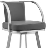 30" Gray And Silver Faux Leather And Iron Swivel Bar Height Bar Chair - Homeroots