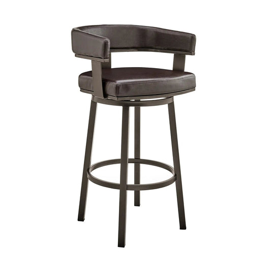 26" Chocolate And Gray Faux Leather And Iron Swivel Low Back Counter Height Bar Chair - Homeroots